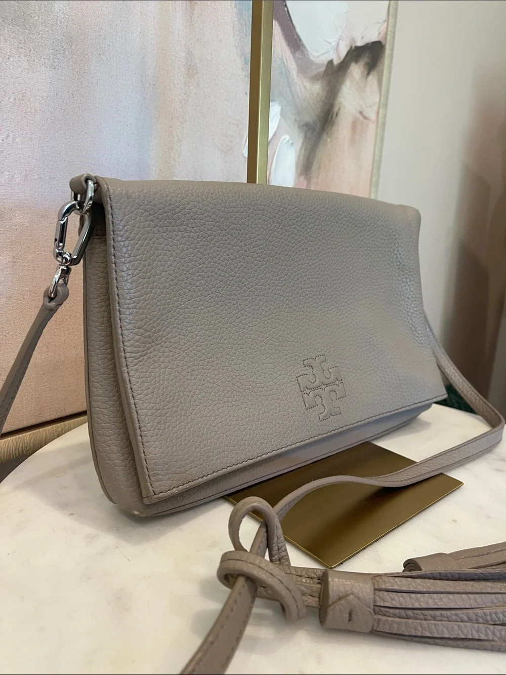 Tory Burch Foldover Pebbled Leather Crossbody in Turtle Dove (Gray)